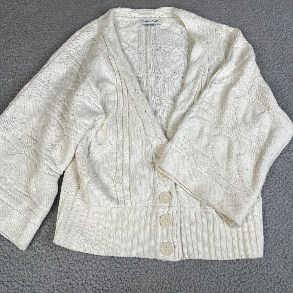 COLDWATER CREEK Cardigan Sweater L Cable Knit Button Rabbit Hair Cotton Blend